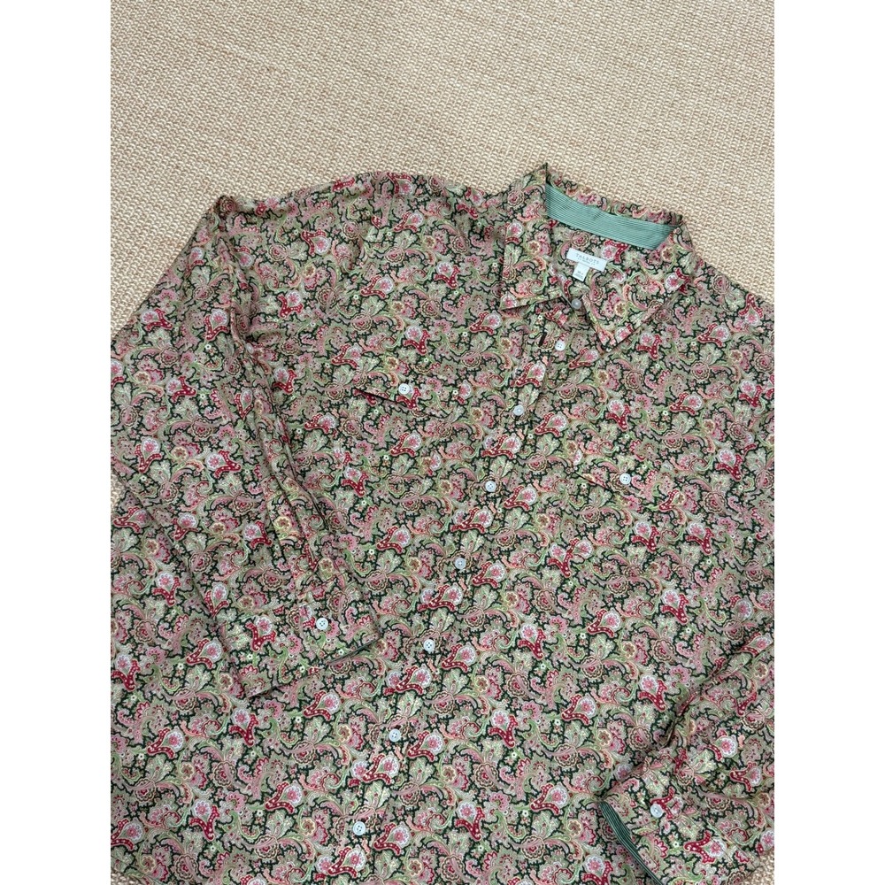 Talbots Petites XL Paisley Button Down Shirt Green Pink Long Sleeve Pocket